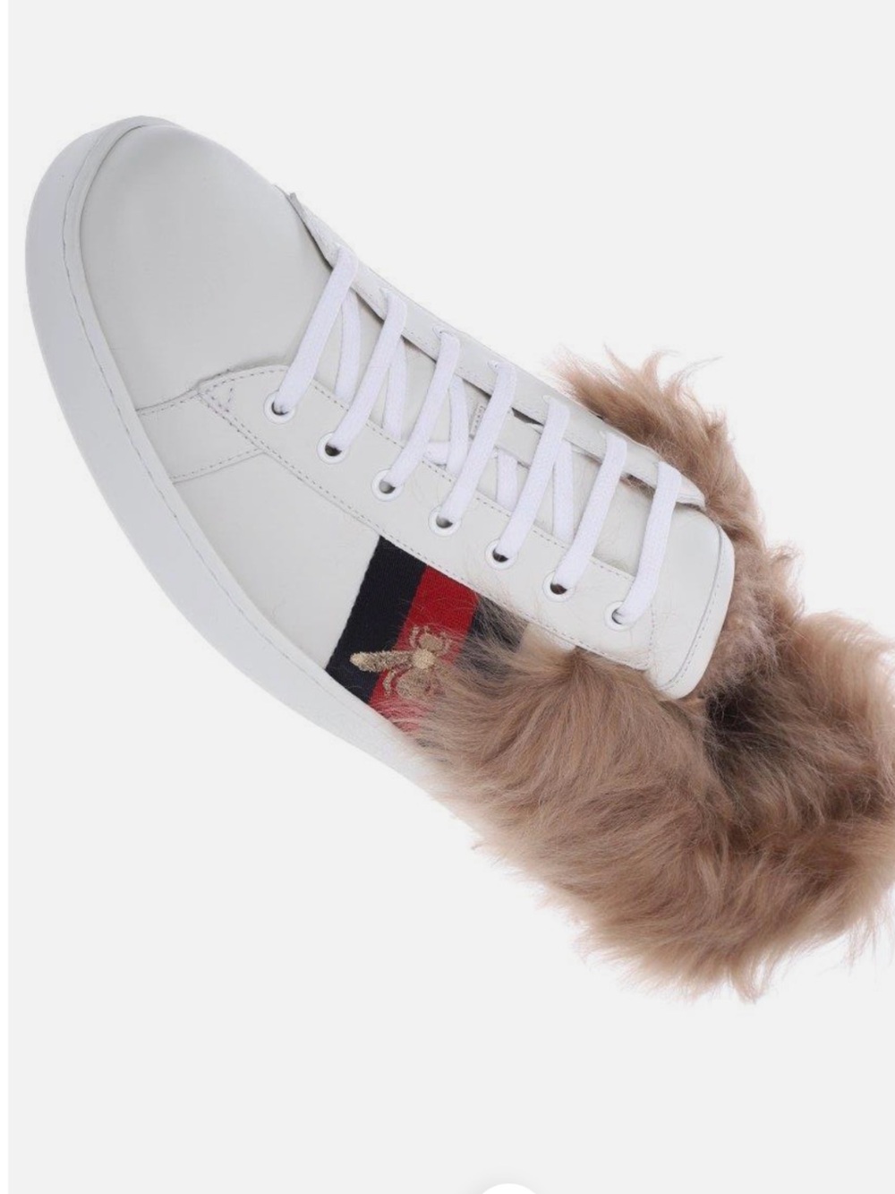 Gucci White Leather Lace-Up Sneaker with Tan Faux-Fur and Red-Blue Stripe. - Picture 2 of 8